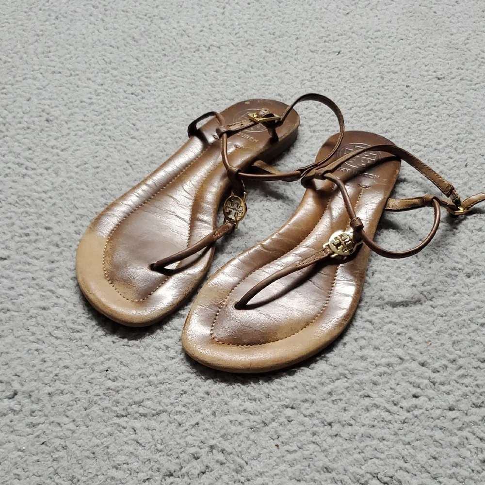 Tory Burch Women's Brown Leather T-Strap Sandals with Gold Logo Size 6.5